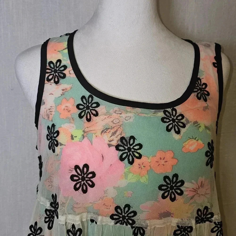 Uncle Frank Neon Floral Whimsygoth Mesh Embroidered Overlay Flirty Mini Dress XS - Picture 3 of 15